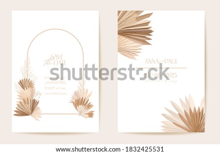 Wedding invitation dried tropical palm leaves, flowers card, dry pampas grass watercolor template vector. Botanical Save the Date golden foliage modern poster, trendy design, luxury background Royalty-Free Stock Photo #1832425531