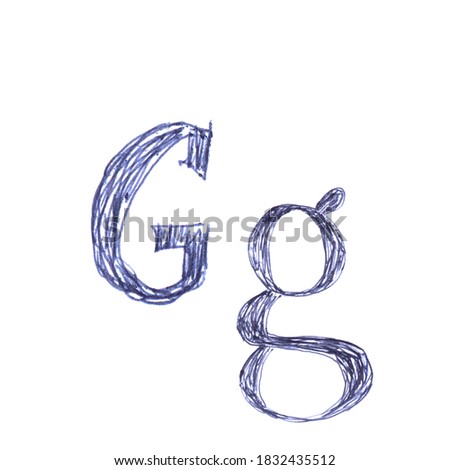 Gg - letter of the alphabet drawn by hand with a blue ballpoint pen. A unique font.