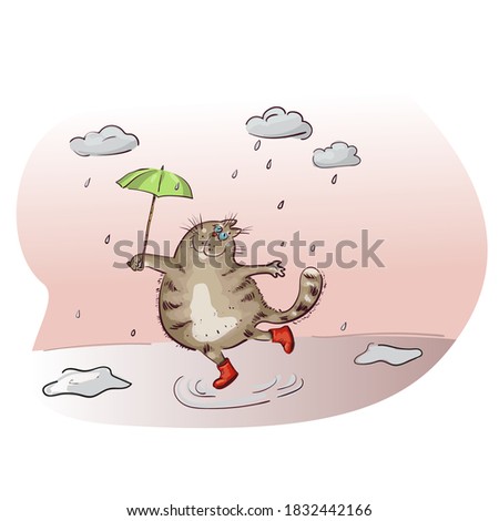 Cat dancing in the rain vector illustration.