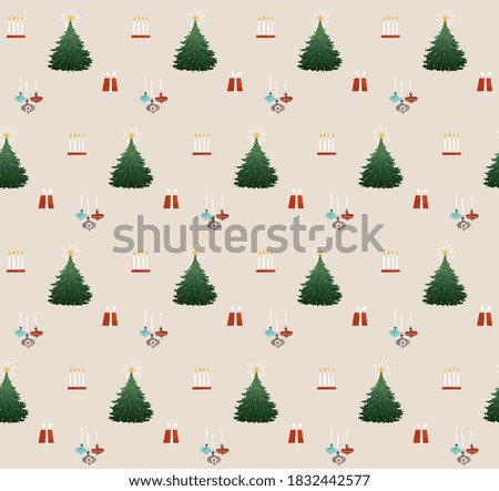 Geometric seamless pattern with the Christmas tree, ornaments, gifts and advent candles. Wrapping paper texture