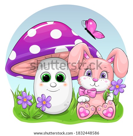 Cute cartoon pink rabbit with mushroom and butterfly. Vector illustration of animal.