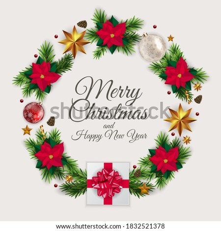 Holiday New Year and Merry Christmas Background with realistic Christmas wreath with poinsettia flower. Vector Illustration EPS10