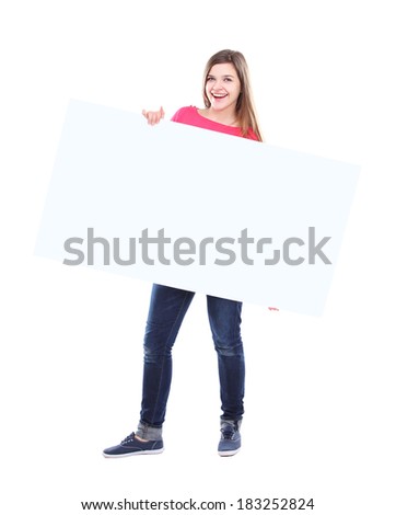 Beautiful woman holding a blank billboard isolated on white background 