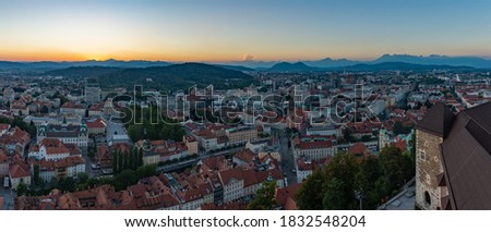 A panorama picture of the northwest side of Ljubljana at sunset.