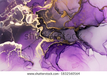 Closeup of purple and shiny golden alcohol ink abstract texture, trendy wallpaper. Art for design project as background for invitation or greeting cards, flyer, poster, presentation, wrapping paper Royalty-Free Stock Photo #1832560564