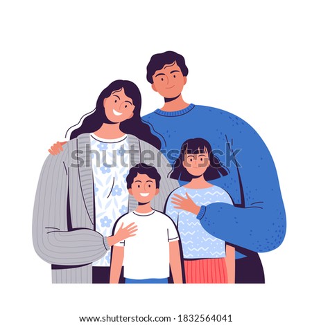 Happy family. Man, a woman and children stand side by side and hug each other. The concept of friendship, happiness and family values Royalty-Free Stock Photo #1832564041