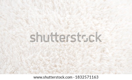 Background picture of a soft fur white carpet. wool sheep fleece closeup texture background. Fake color beige fur fabric. top view.