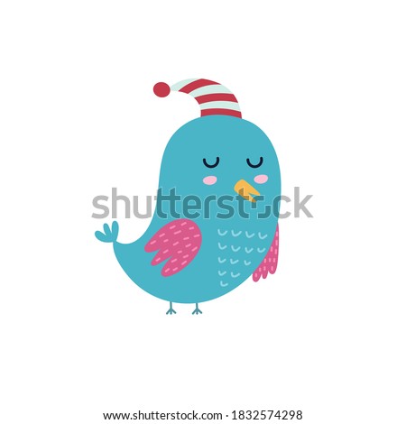 Cute sleeping bird in the hat. Blue bird Isolated element. Funny character for kids design. Vector illustration 