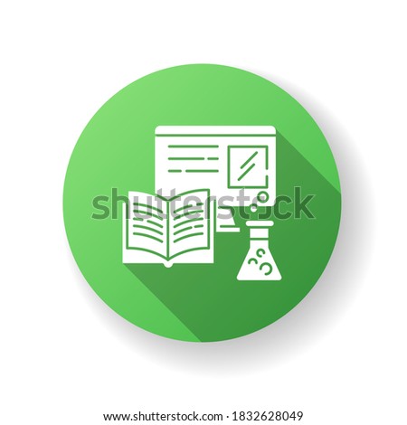 Integrated learning green flat design long shadow glyph icon. Practical education, lessons with demonstration. School textbook, computer and laboratory equipment silhouette RGB color illustration