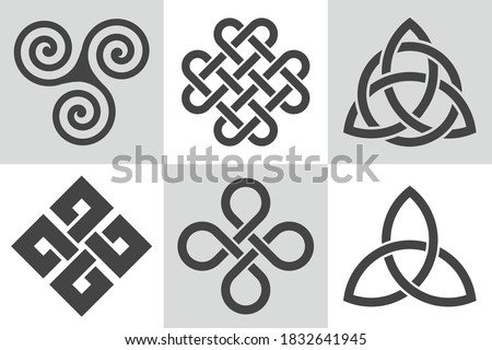 Celtic knot. Collection of vector patterns. Stylized endless knots used for decoration in Celtic Insular art.  Interlace patterns with abstract elements for traditional tattoo design. Sacred ornament. Royalty-Free Stock Photo #1832641945