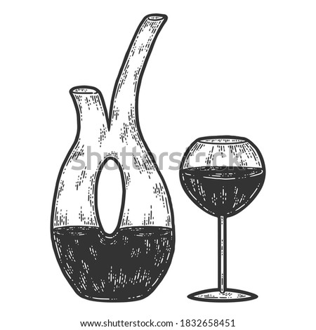 Decanter and glass of wine. Sketch scratch board imitation coloring.