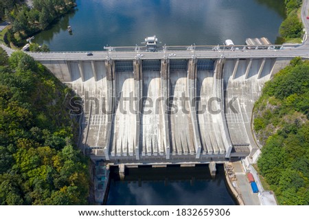 Slapy Reservoir is dam on the Vltava river in the Czech Republic, near to village Slapy. It has a hydroeletrics power station included. Photo taken with a drone.