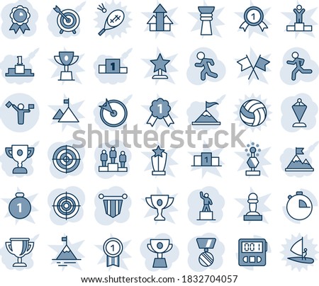 Blue tint and shade editable vector line icon set - dispatcher vector, pedestal, pennant, medal, run, stopwatch, target, motivation, award cup, winner, win, gold, pawn, arrows up, mountain