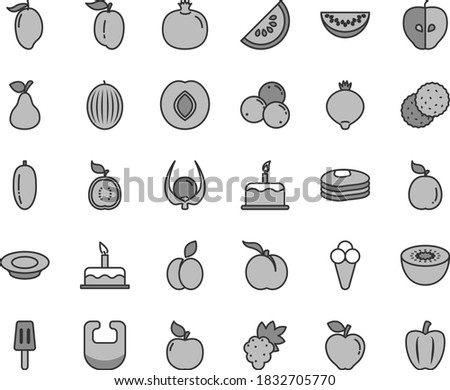 Thin line gray tint vector icon set - bib vector, cake, a plate of milk, popsicle, cone, apple, pear, biscuit, pancakes, ripe peach, pomegranate, grape, apricot, red, tasty, plum, medlar, melon