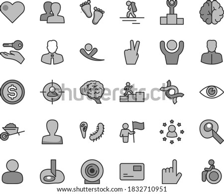 Thin line gray tint vector icon set - woman vector, women, footprints, garden trolley, employee, heart, index finger, eye, pass card, lens, man, in sight, dollar, dna, brain, bactery, winner podium