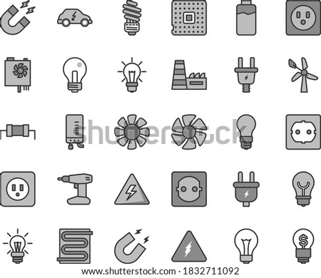 Thin line gray tint vector icon set - danger of electricity vector, matte light bulb, incandescent lamp, drill, saving, power socket type b, f, heating coil, electronic boiler, charge level, plug