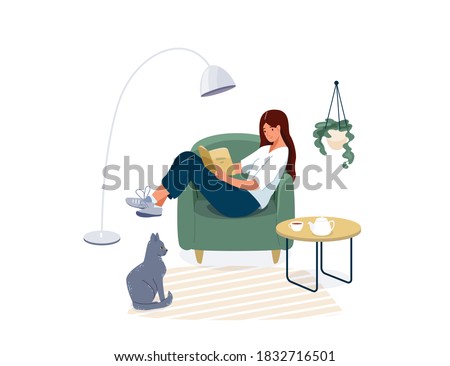 Woman reading book vector background. Relaxed girl comfortable sitting on the armchair and read, isolated on white backdrop. Cozy modern home interior with cat pet. Concept of homeward and comfort. Royalty-Free Stock Photo #1832716501