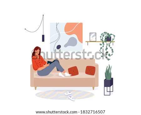 Woman reading book vector background. Relaxed girl sitting on the sofa and read, isolated on white backdrop. Cozy modern home interior. Concept of homeward and comfort. Royalty-Free Stock Photo #1832716507