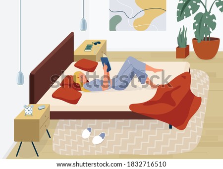 Woman reading book vector background. Relaxed girl comfortable lying down on the bed with blanket and read inside her bedroom. Cozy modern home interior. Concept of homeward and comfort. Royalty-Free Stock Photo #1832716510
