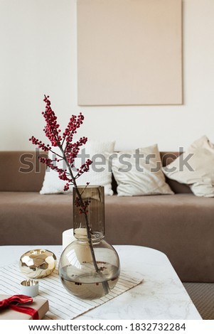 Red berries in vase, paper gift box. Comfortable modern interior design concept. Sofa, lamp, blank picture frame on the wall.