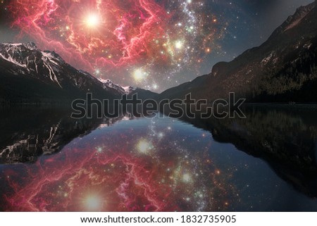 Deep space planet scenery,  mountain with starfield refleced in the lake
