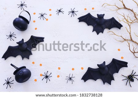 holidays concept of Halloween. Bats and spiders over white wooden background. Top view, flat lay