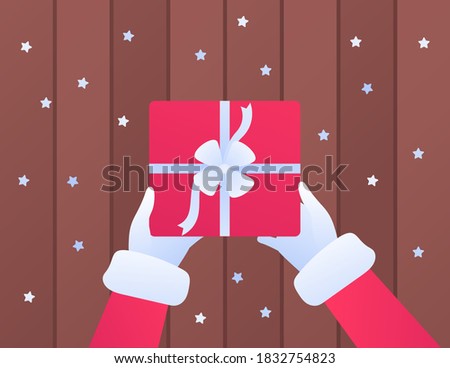 Christmas and new year gift concept. Vector flat illustration. Santa claus hands holding red gift box with white ribbon bow on wooden background with snow. Design for banner, poster, web holiday sale.