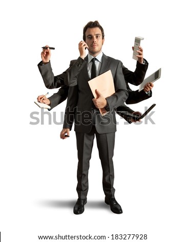 Concept of multitasking with businessman who carries out various operations