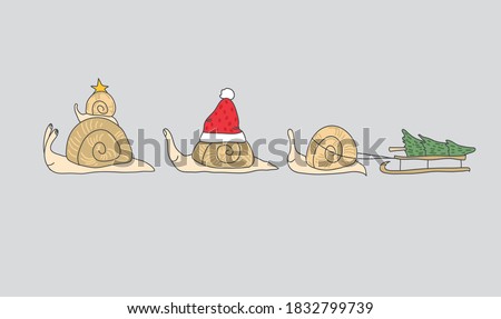 Christmas poster with snails. Vector hand drawn style illustration. Can be used for web design, posters, postcards.