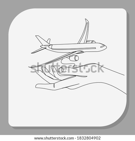 Continuous line, plane in hands. Drawing of set Give. (Vector illustration one line drawing)