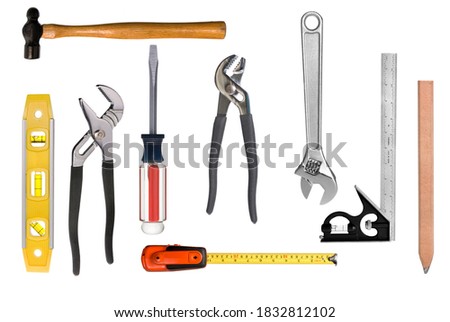 An assortment of full resolution carpentry tools isolated on white.  Easy to select individual tools for singular use.