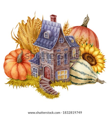 Watercolor illustration with autumn house,pumpkins and sunflowers isolated on the white background.Hand painted watercolor clipart.