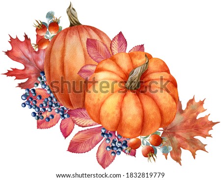 Watercolor illustration with pumpkins and leaves isolated on the white background.Hand painted watercolor clipart.