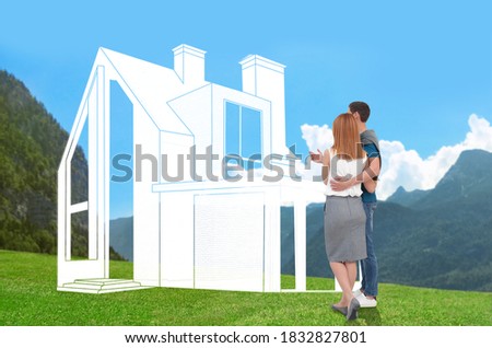 Couple dreaming about future house. Landscape with building illustration