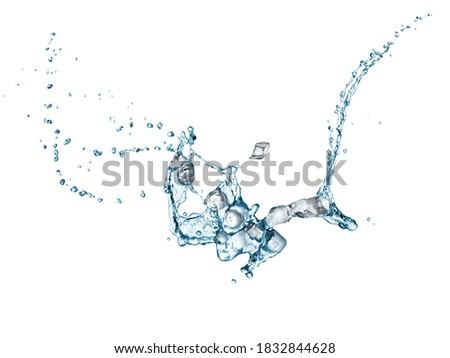 Water with ice cubes and drops splash