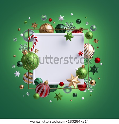 3d render, Christmas white square frame with blank copy space, decorated with glass balls, festive ornaments, poinsettia flower, candy cane, stars; isolated on green background