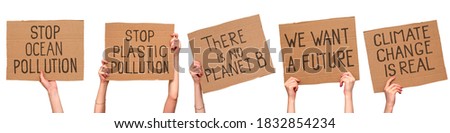 Climate change protest signs. Inscriptions on cardboard posters. Isolated on white. Set