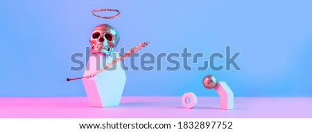 Golden skull with halo and geometric shapes on a pink blue background, Halloween concept, banner