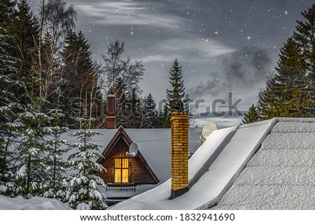 The Christmas house in the winter snow forest, a background , ski resorts