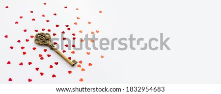 Vintage bronze key decorated with red hearts confetti. The concept of the secret of love relationships. Copy space, banner. Selective focus