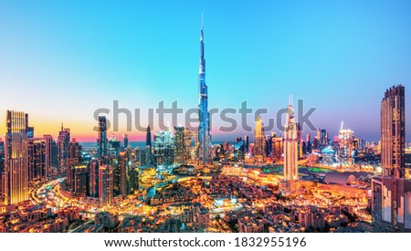 Amazing sunrise view on Dubai city center skyline, United Arab Emirates