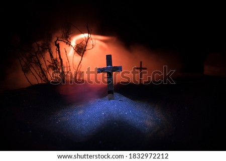 Horror view of cemetery miniature at night, Horror Halloween concept. Selective focus