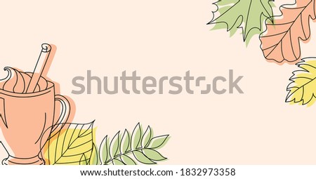 Autumn background in linear style with a cup and some leaves.