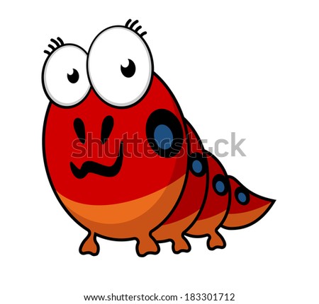 Cartoon caterpillar with big eyes and colorful spots along its segmented body isolated on white