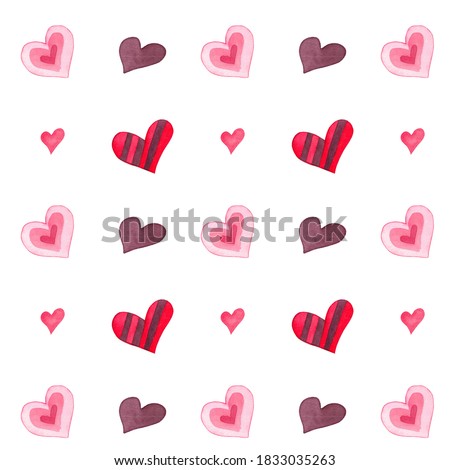 Hearts Watercolor seamless pattern. Love theme background. Cute lovely hearts repeating wallpaper. Pink handdrawn hearts illustration. Srapbooking clipart. Nursery print. 
