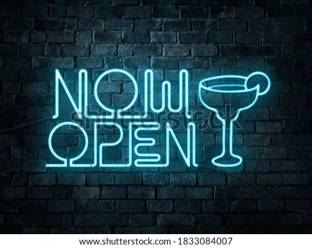Now Open sign of a bar or pub. with text and Margarita icon. Neon blue color. Concept of recently opened business. Old weathered brick background, rustic look.