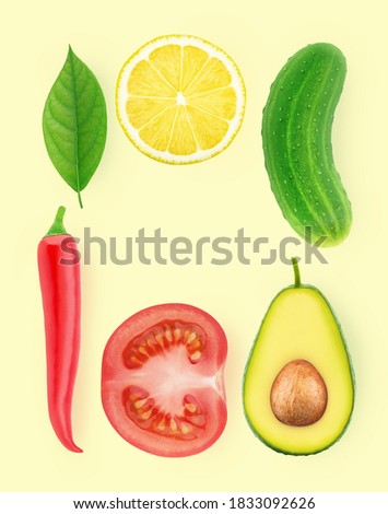 Square frame made of vegetables and fruit on a light yellow background. Clip art image for package design.