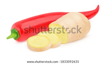 Vegetable composition: red hot chili pepper and ginger. On white background. Clip art image for package design.