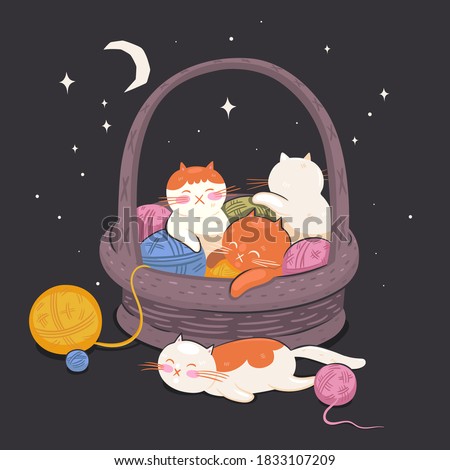 Kittens sleep in a basket with balls of threads. Vector graphics.