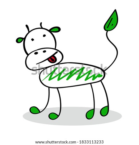 cow Doodle hand drawn in black with green inserts on a white background smiling calf happy Christmas bull Chinese new year